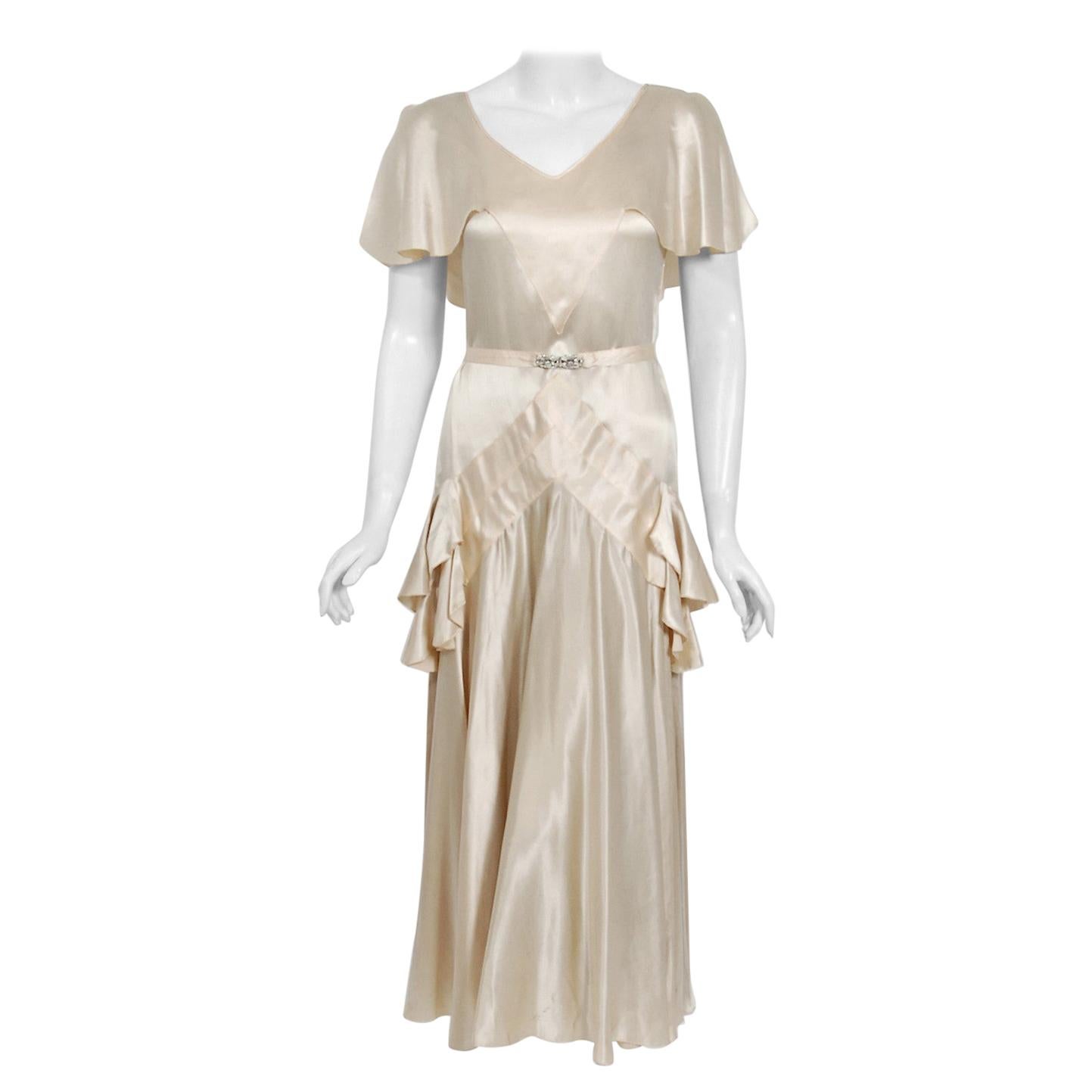 1930's Ivory Creme Satin Flutter Sleeve Plunge Belted Bias-Cut Tiered Deco Gown 