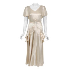 Vintage 1930's Ivory Creme Satin Flutter Sleeve Plunge Belted Bias-Cut Tiered Deco Gown 