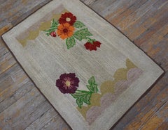 1930s Ivory Floral Folk Art Antique American Hooked Rug 2'2"x3'2" Wool Carpet