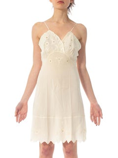 1940S Ivory Hand Embroidered Silk Crepe De Chine Couture Slip Dress With Satin