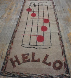 1930s Ivory Music Note Design Antique American Hooked Rug 3' x 7'5" Carpet