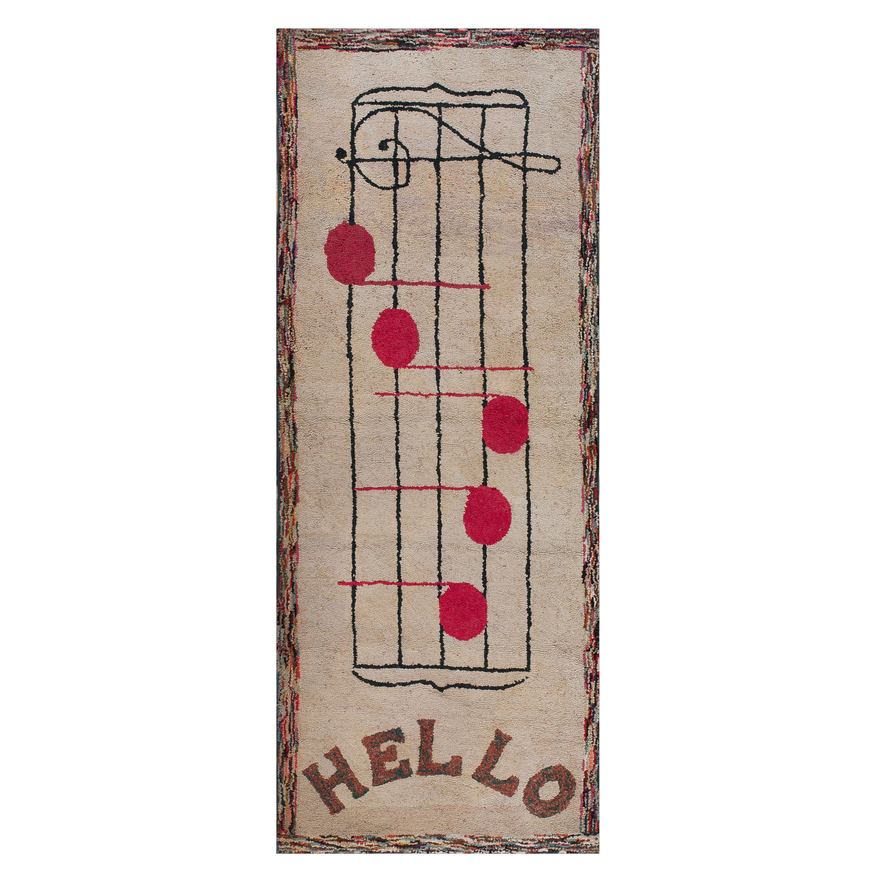 1930s Ivory Music Note Design Antique American Hooked Rug 3
 x 7
5" Carpet For Sale