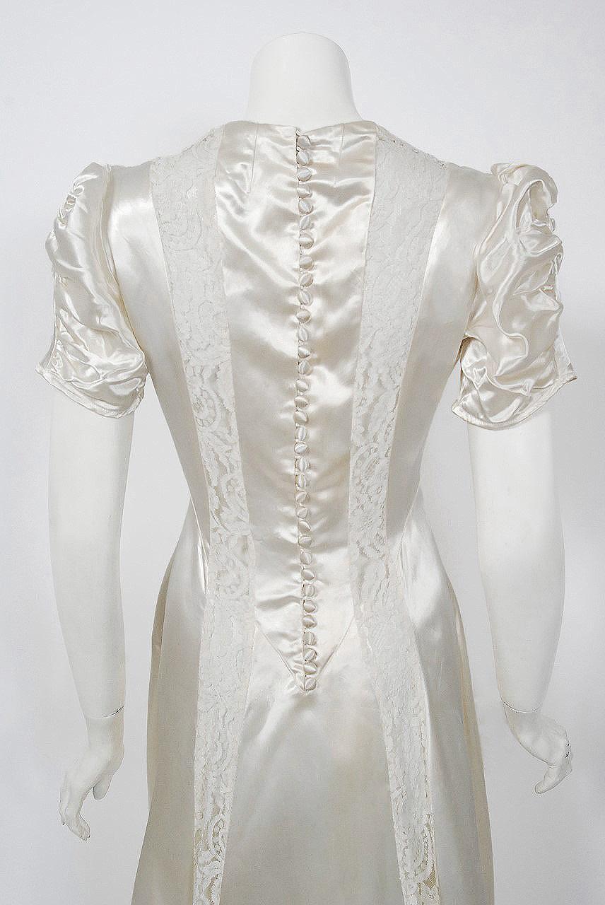Women's 1930's Ivory Satin & Lace Ruched Puff-Sleeve Full Length Trained Bridal Gown