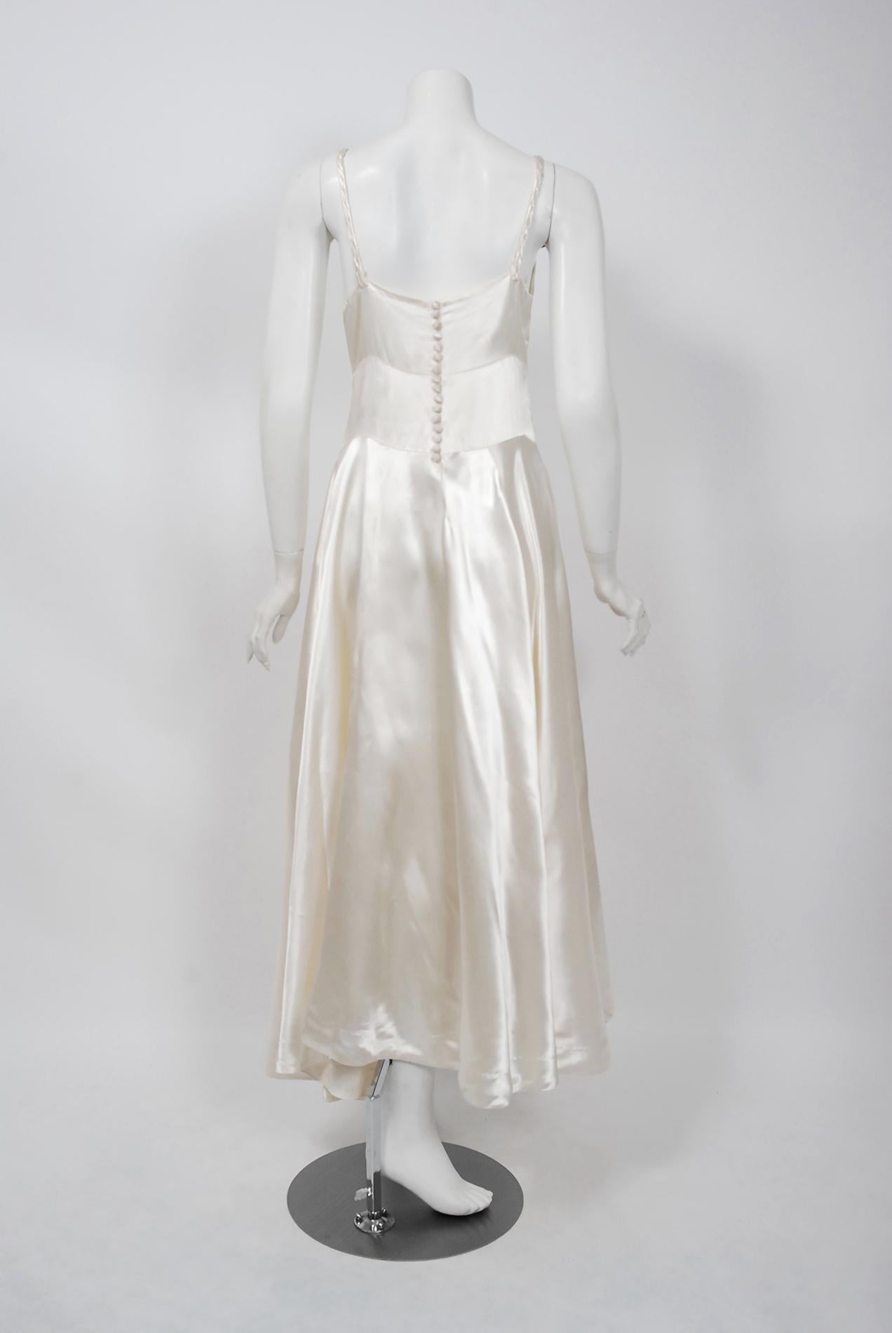 Gray Vintage 1930's Ivory Satin Sculpted Plunge Rosette Appliques Bridal Slip Dress