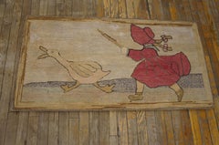 1930s Ivory Scene Folk Antique American Hooked Rug 2'2"x4'2" Woven Wool Carpet