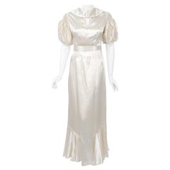 1930's Ivory Silk Satin Beaded Puff-Sleeve Belted Flounce Deco Bridal Dress