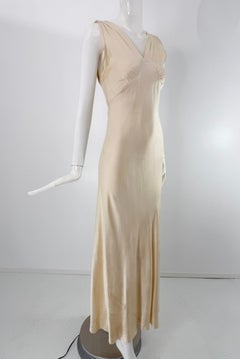1930s Ivory Silk Satin Bias Cut Evening Wedding Dress V Neck Open Back