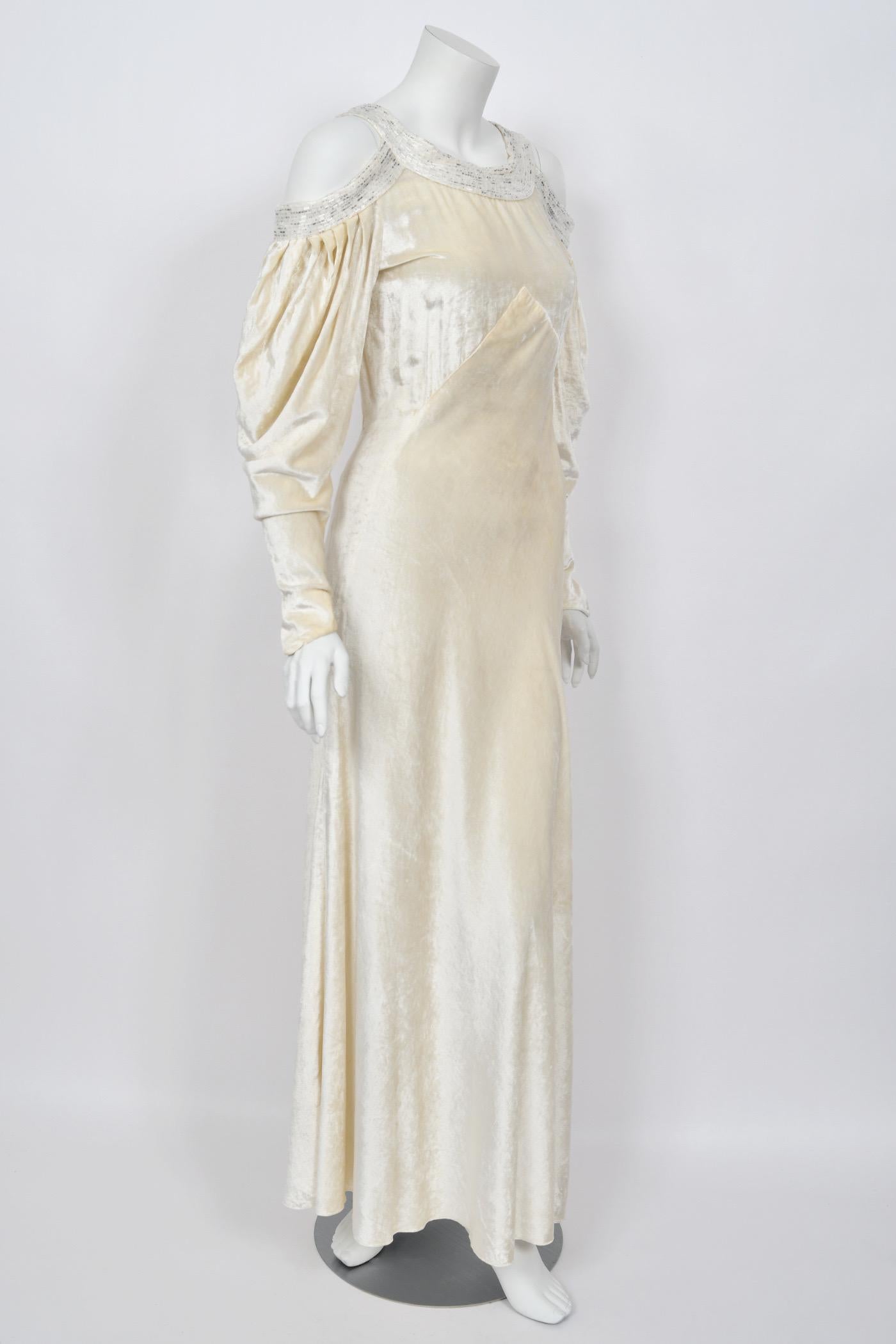 1930's Ivory Silk Velvet Beaded Cut-Out Shoulders Bias-Cut Old Hollywood Gown 5