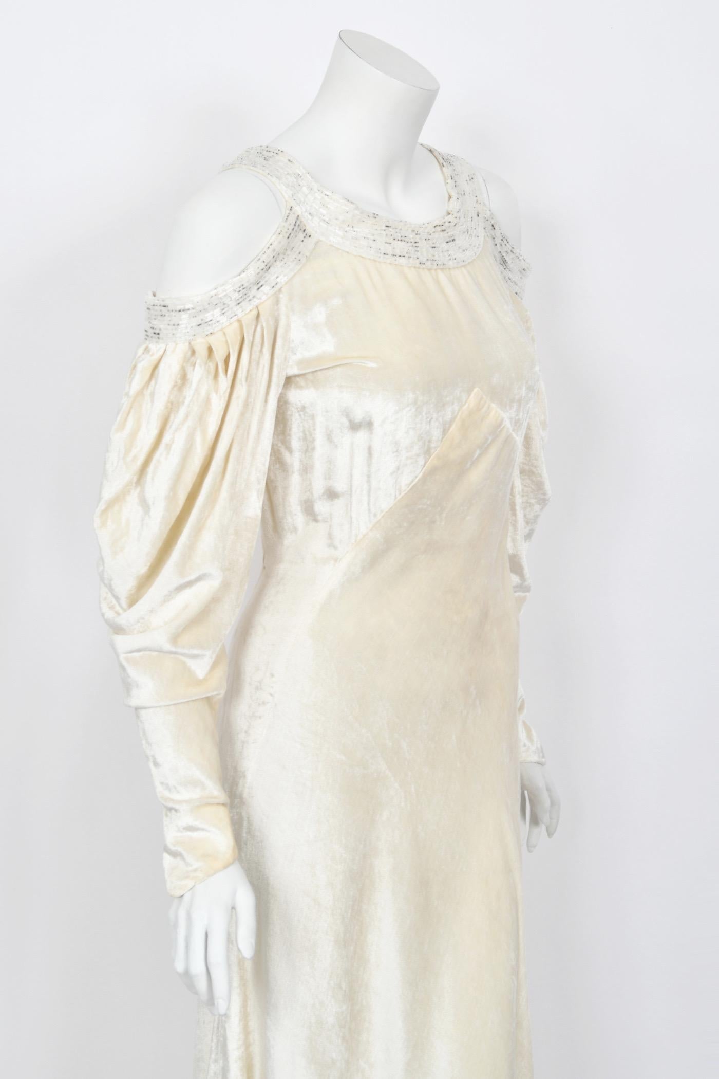 1930's Ivory Silk Velvet Beaded Cut-Out Shoulders Bias-Cut Old Hollywood Gown 6