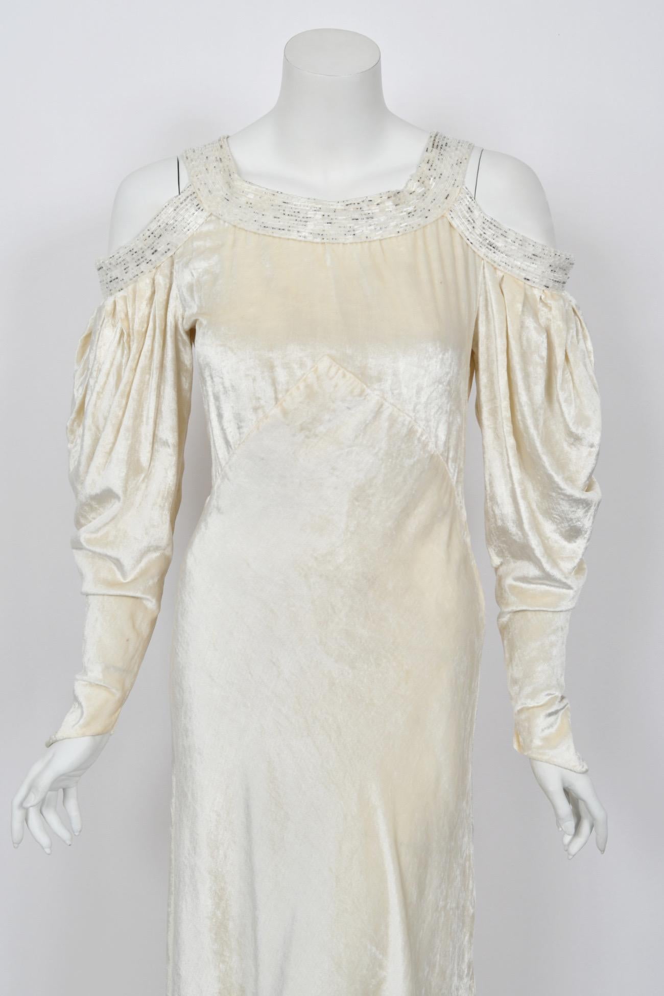 1930's Ivory Silk Velvet Beaded Cut-Out Shoulders Bias-Cut Old Hollywood Gown 1