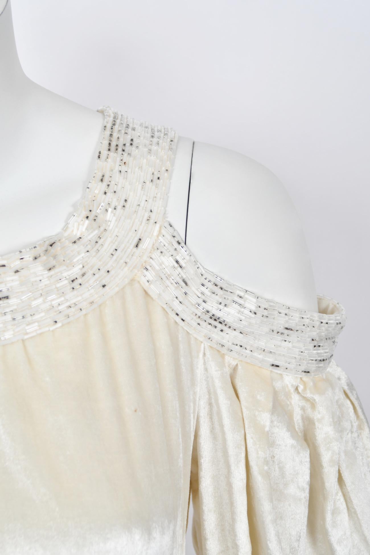 1930's Ivory Silk Velvet Beaded Cut-Out Shoulders Bias-Cut Old Hollywood Gown 2