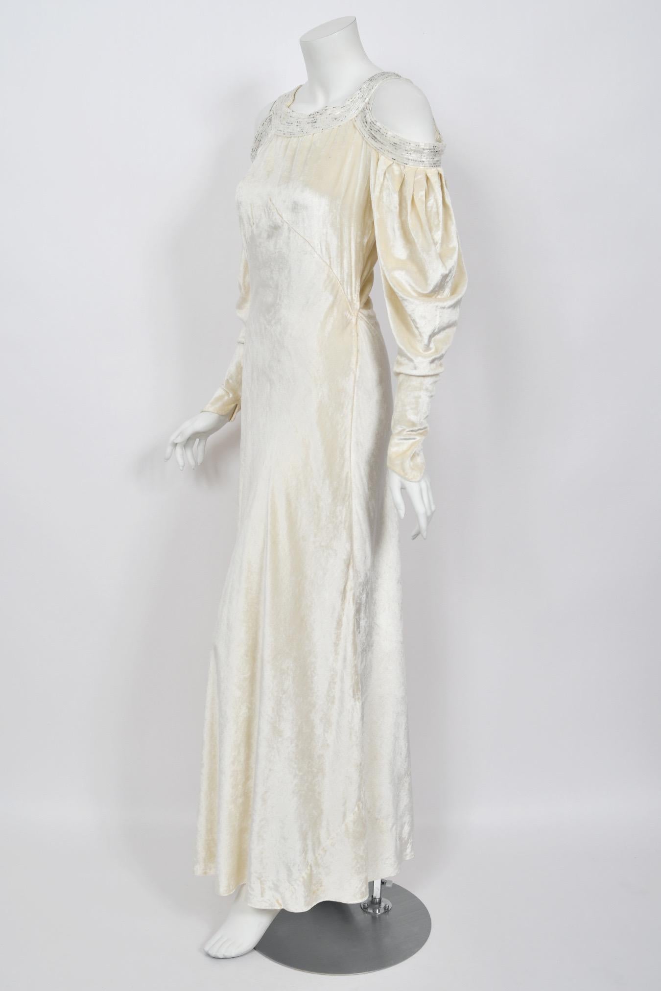 1930's Ivory Silk Velvet Beaded Cut-Out Shoulders Bias-Cut Old Hollywood Gown 3