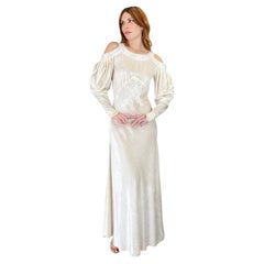 1930's Ivory Silk Velvet Beaded Cut-Out Shoulders Bias-Cut Old Hollywood Gown