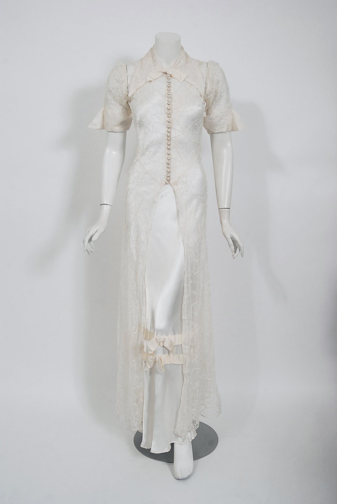 Women's 1930's Ivory Spiderweb Novelty Lace Belted Jacket & Matching Silk Bias-Cut Dress