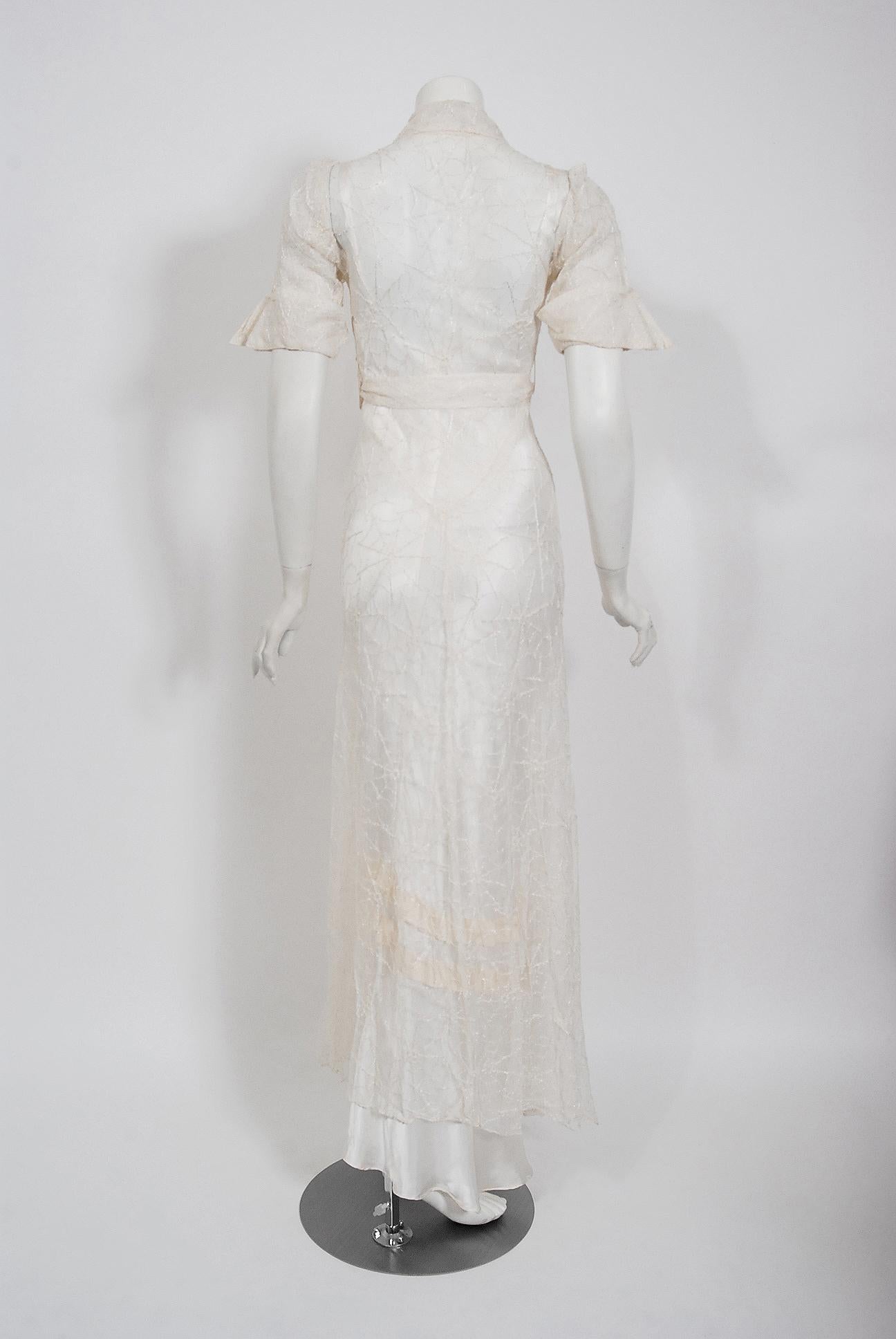 1930's Ivory Spiderweb Novelty Lace Belted Jacket & Matching Silk Bias-Cut Dress 1