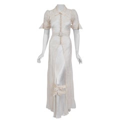 1930's Ivory Spiderweb Novelty Lace Belted Jacket & Matching Silk Bias-Cut Dress