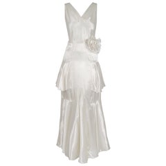 1930's Ivory White Silk Bias-Cut Floral Applique Tiered Old Hollywood Gown