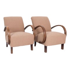 1930s J. Halabala Fawn Upholstered Armchairs, a Pair