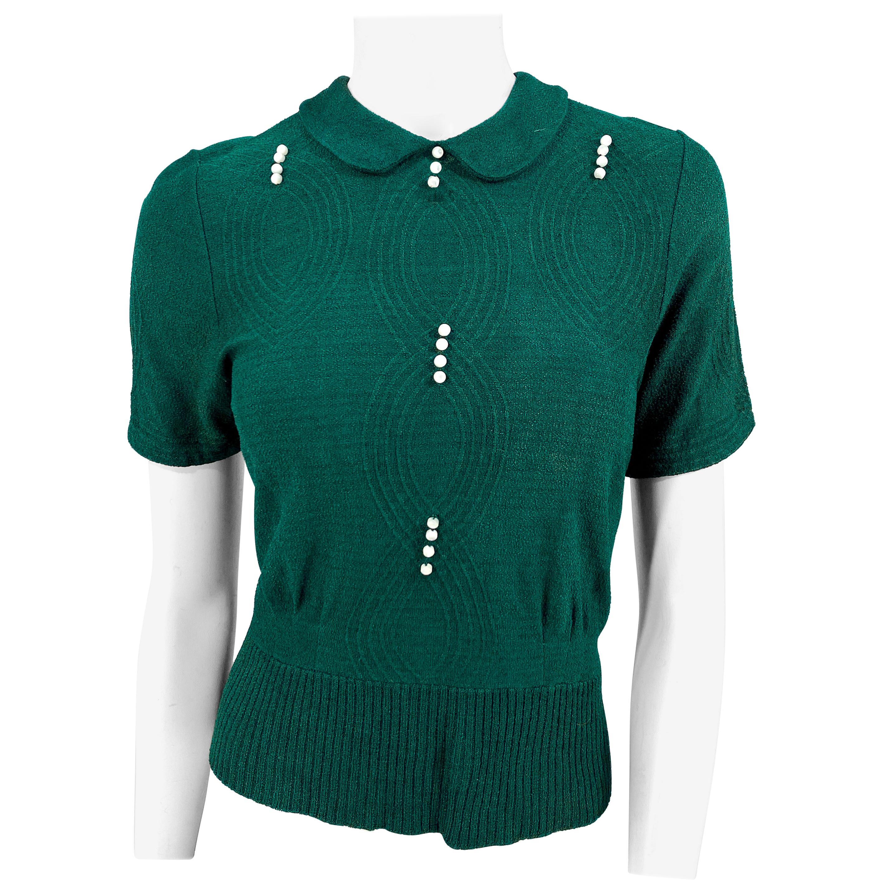 1930s Jack Frost Forest Green Knit Blouse