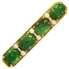 French 1930s Art Deco Jade Cultured Pearls 18 Karat Yellow Gold Brooch