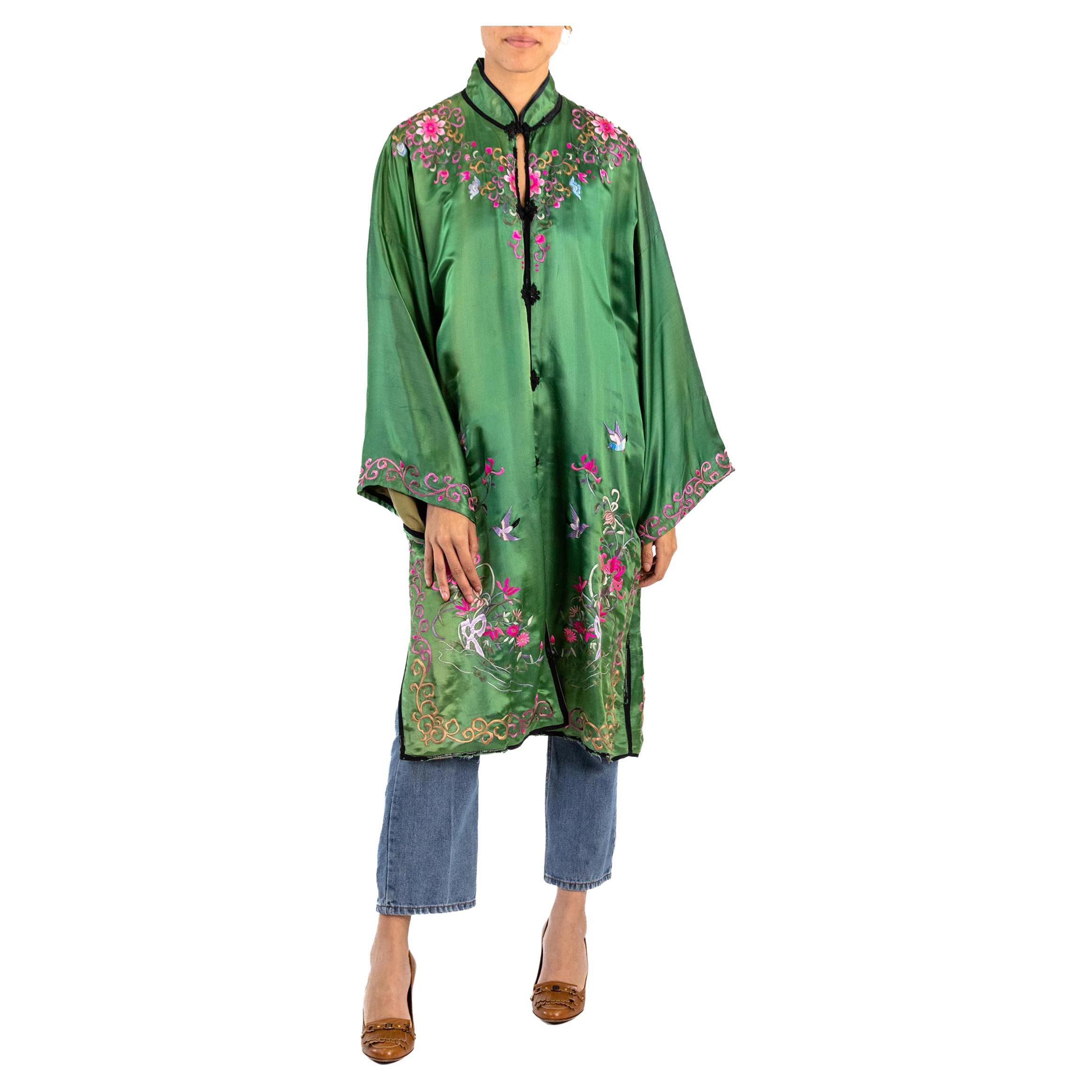 Gray 1930S Jade Green Hand Embroidered Silk Satin Jacket With Red & Pink Flowers For Sale