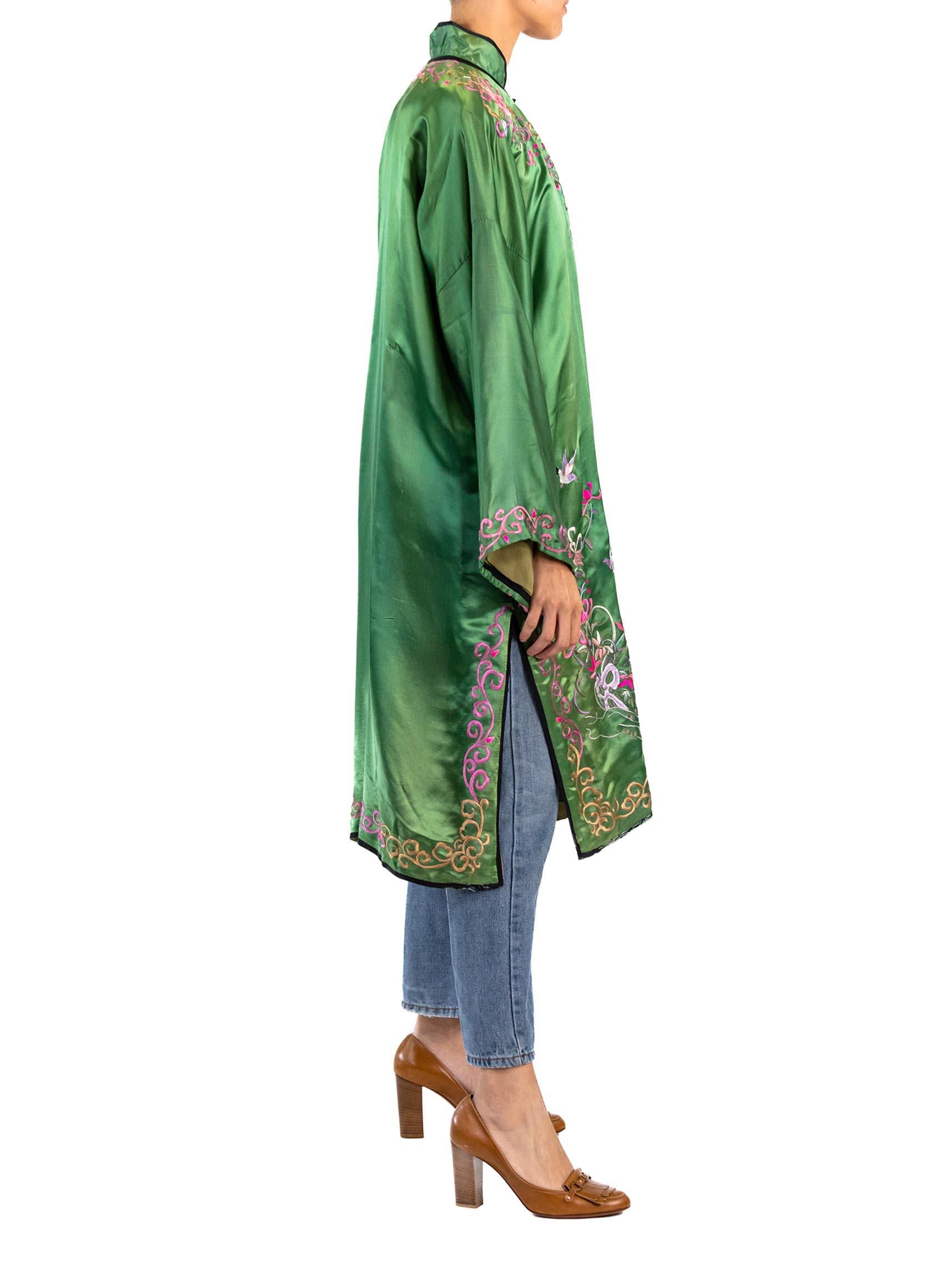 1930S Jade Green Hand Embroidered Silk Satin Jacket With Red & Pink Flowers For Sale 1