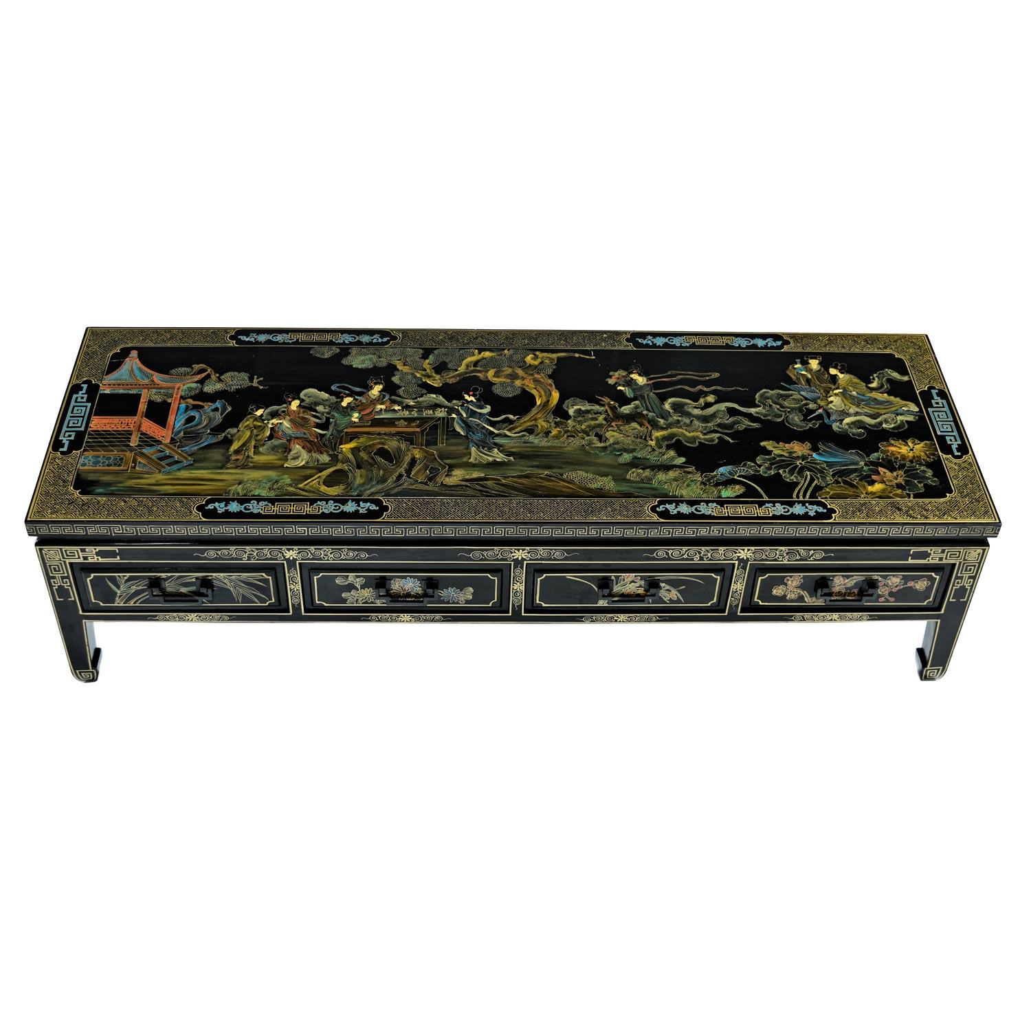 This incomparable chinoiserie coffee table sets the standard for this style. Timeless perfection. Just as fashionable now as they day it was made. We procured this from the son of the original owner. The hand painted motif can only be described as