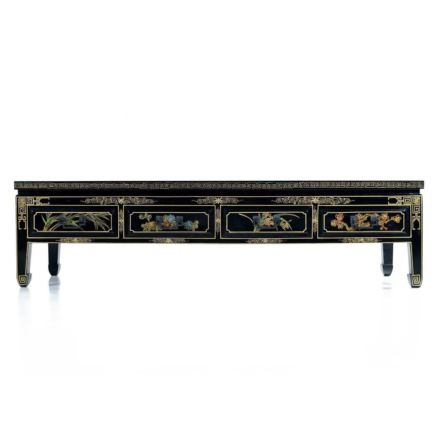 Chinese 1930s James Mont Style Black Lacquer Gilt Asian Modern Chinoiserie Coffee Table