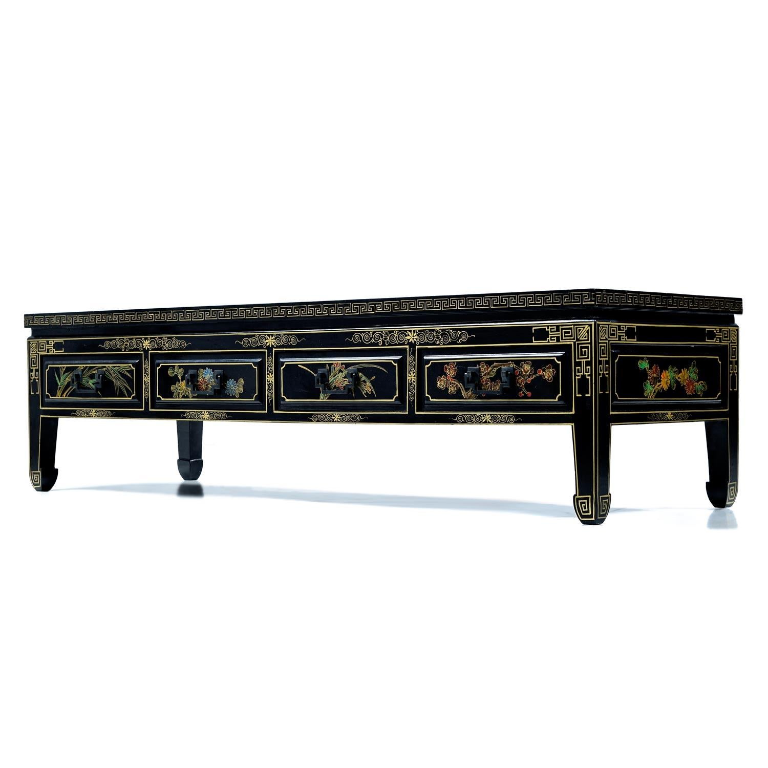 Blackened 1930s James Mont Style Black Lacquer Gilt Asian Modern Chinoiserie Coffee Table