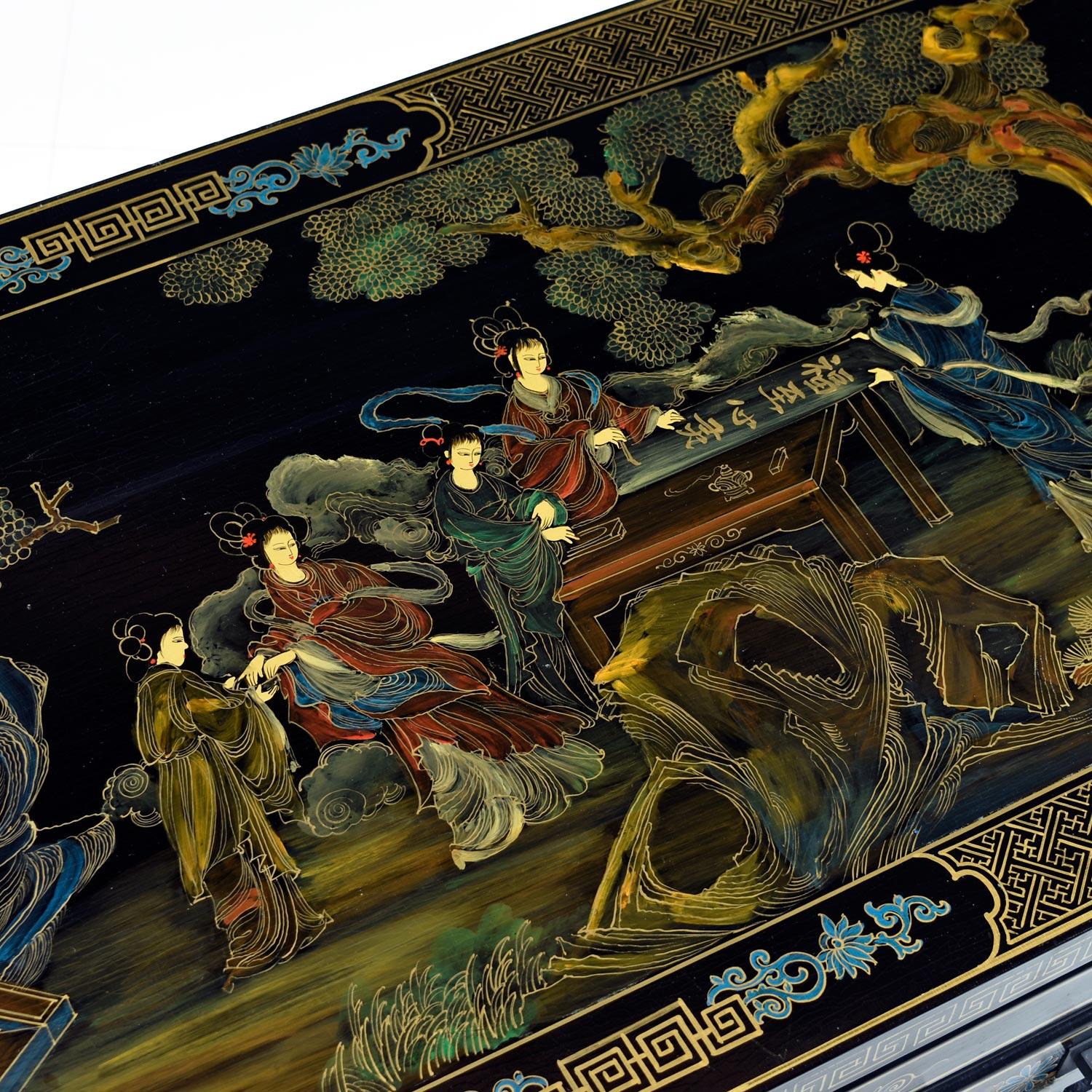 20th Century 1930s James Mont Style Black Lacquer Gilt Asian Modern Chinoiserie Coffee Table