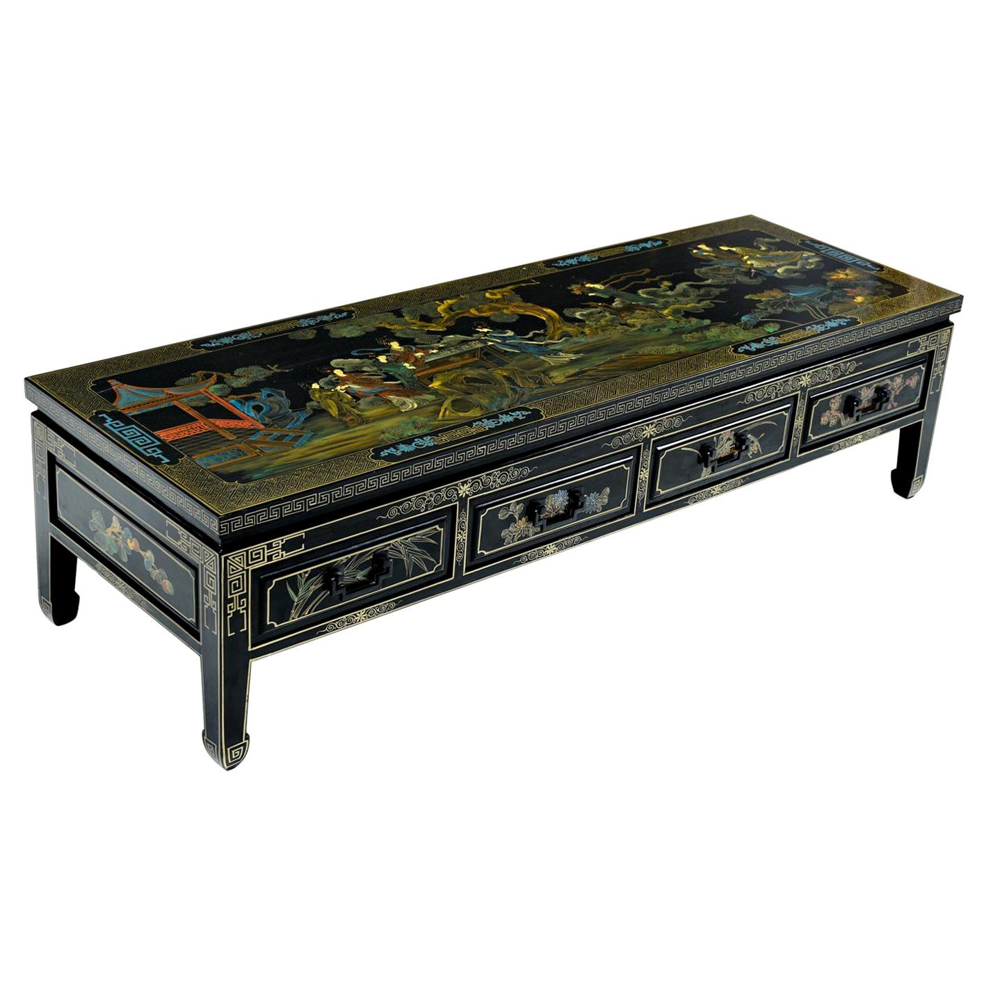 1930s James Mont Style Black Lacquer Gilt Asian Modern Chinoiserie Coffee Table