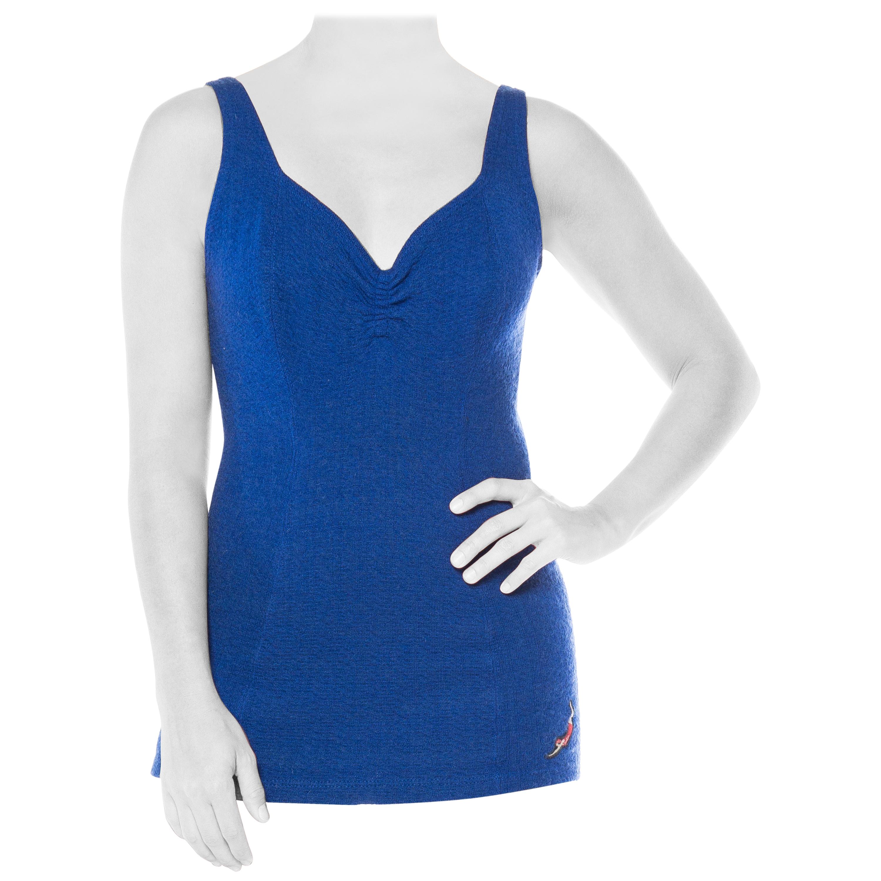 1930S JANTZEN Cobalt Blue Wool Knit One Piece Swimsuit