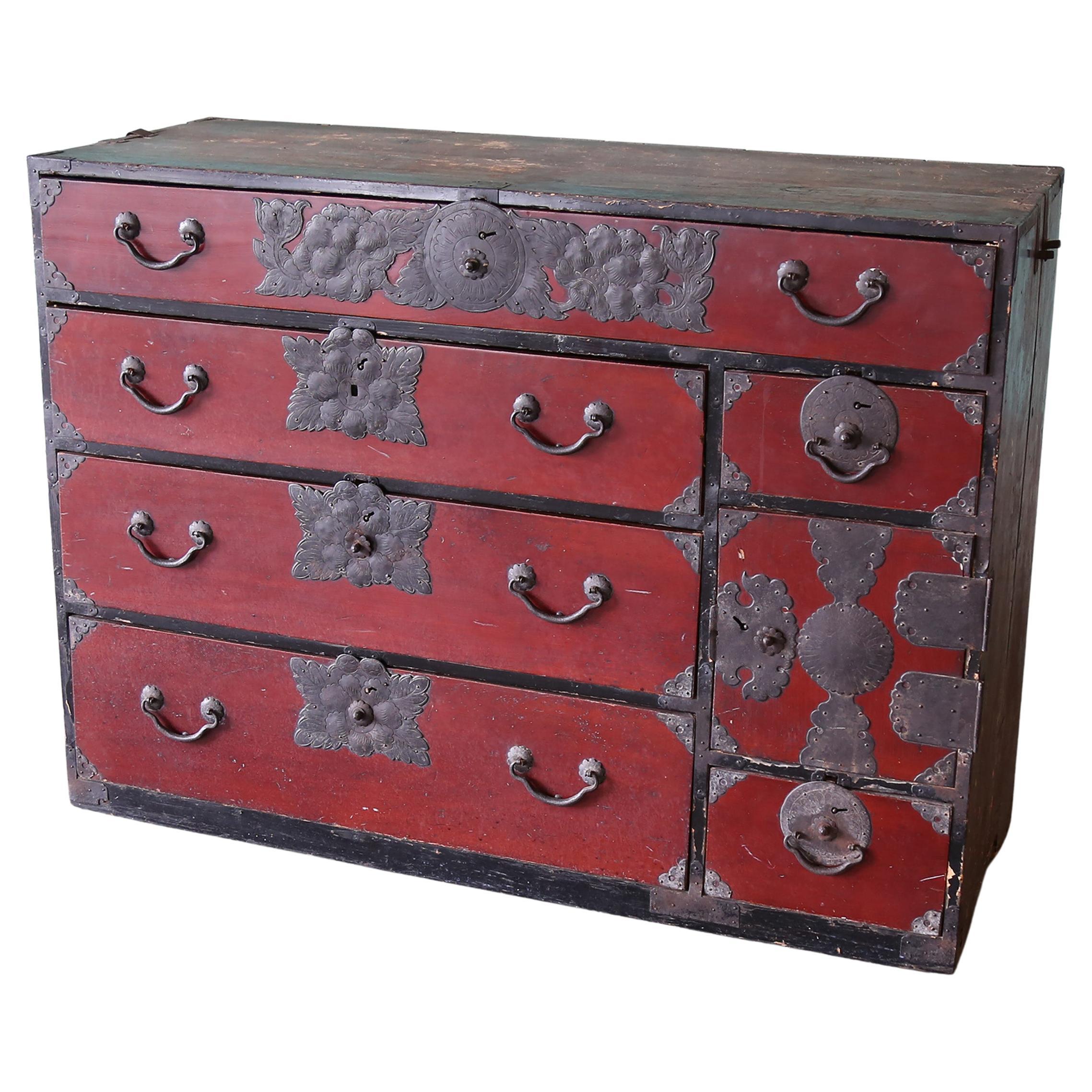1930s Japanese Antique Lacquer Sendai Tansu Clothing Chest For Sale