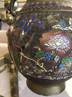 1930s Japanese Champleve Brass Vase with Enamel