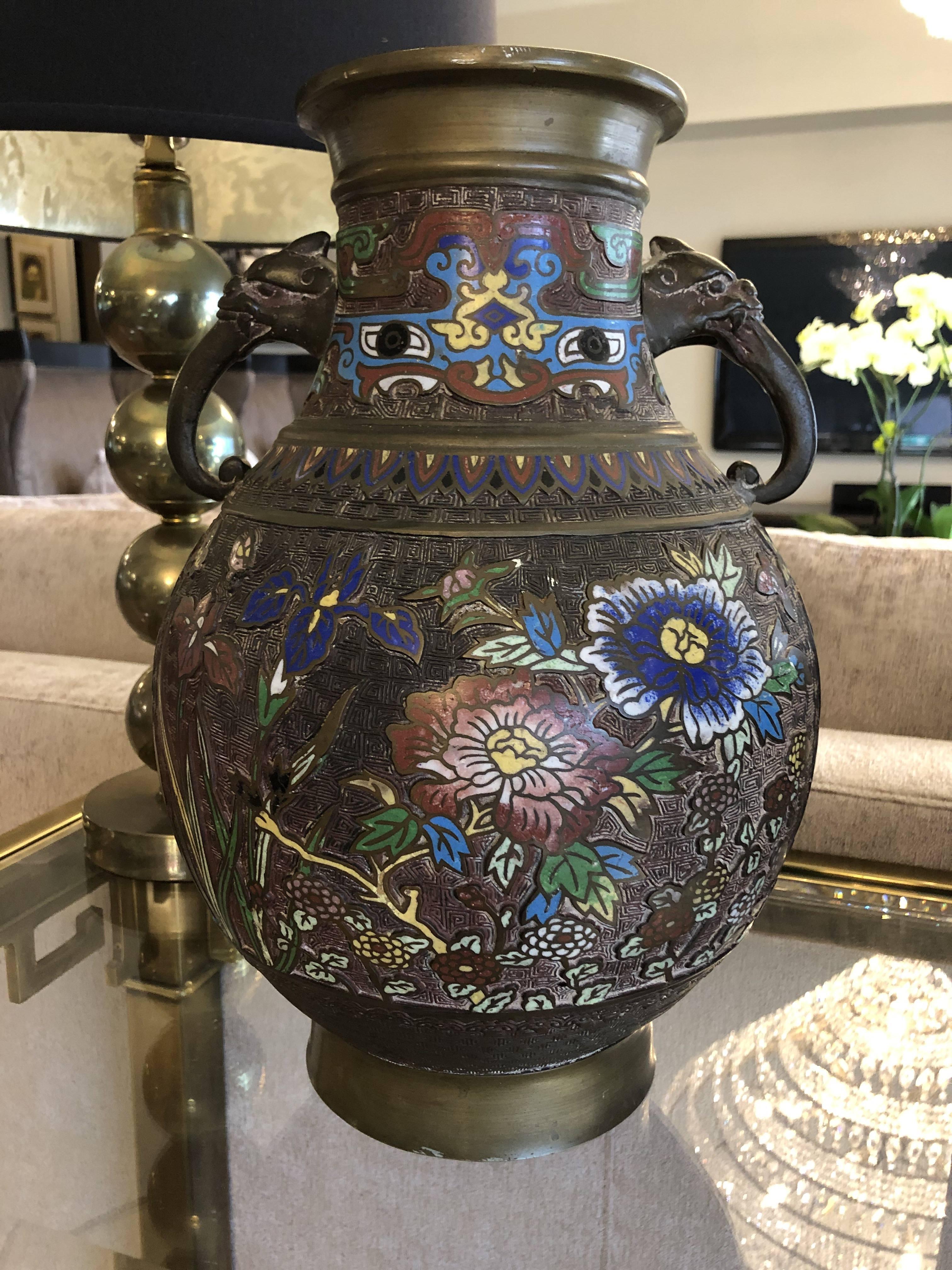 1930s Japanese Champleve Brass Vase with Enamel For Sale 2
