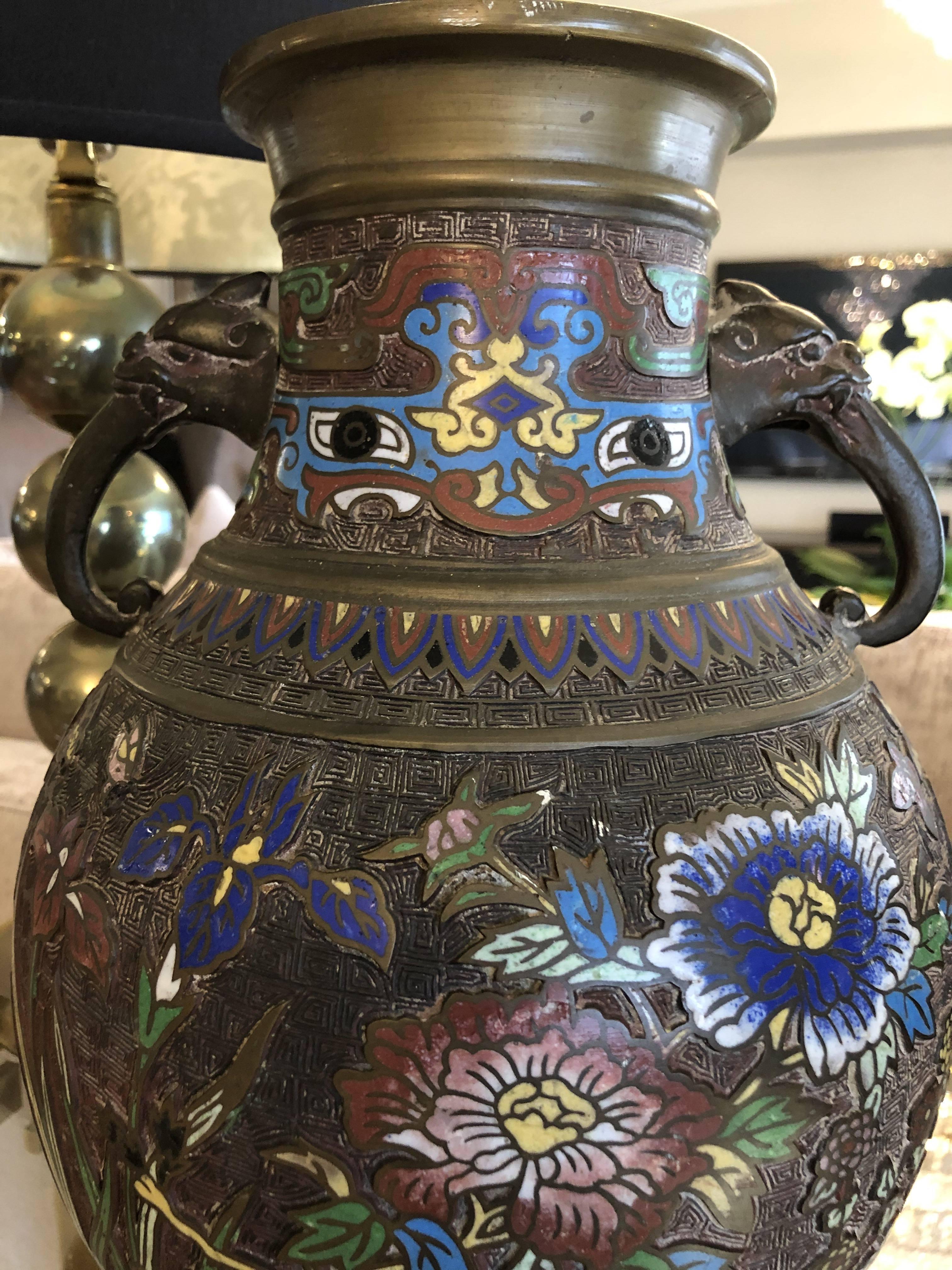 1930s Japanese Champleve Brass Vase with Enamel For Sale 3