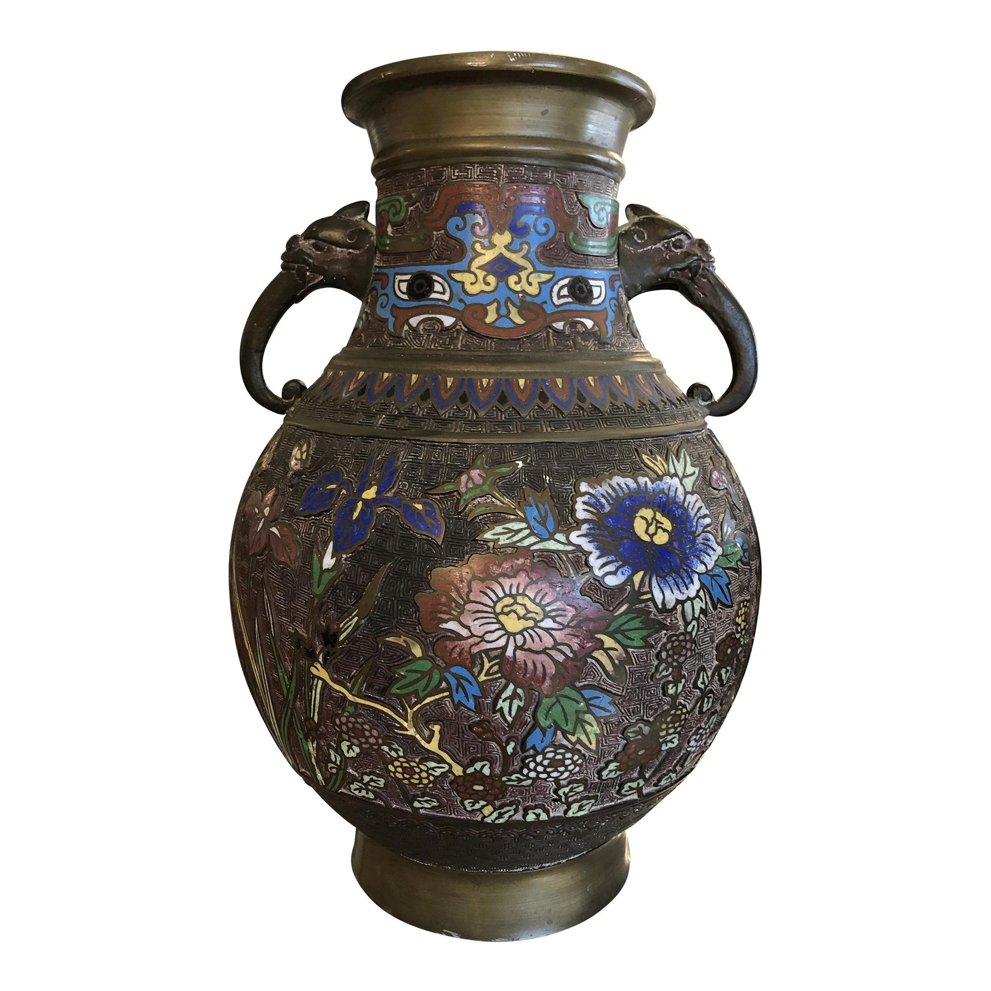 1930s Japanese Champleve Brass Vase with Enamel For Sale