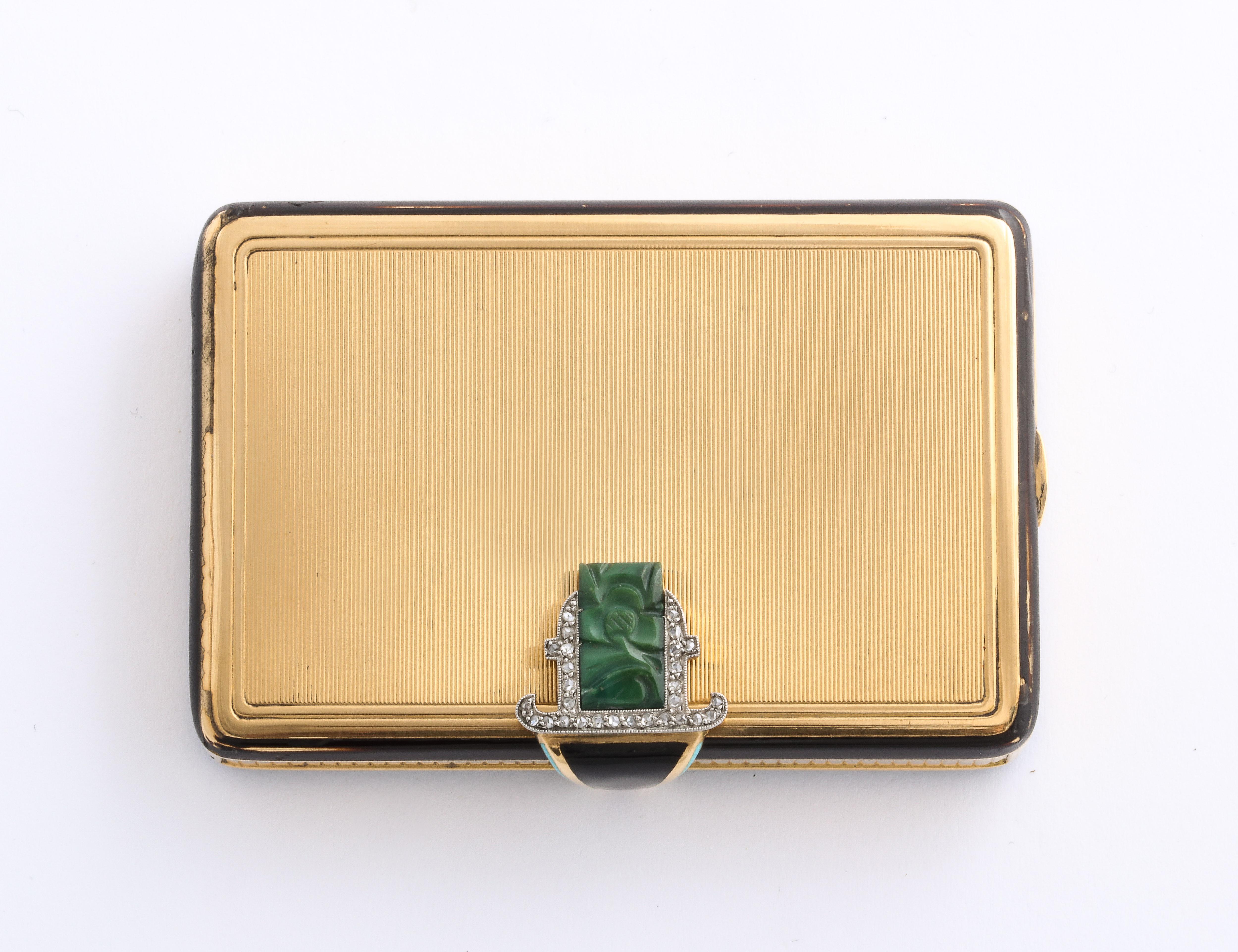Art Deco Cartier 18 Karat Gold Box Enamel Carved Jade Diamonds Compact 1