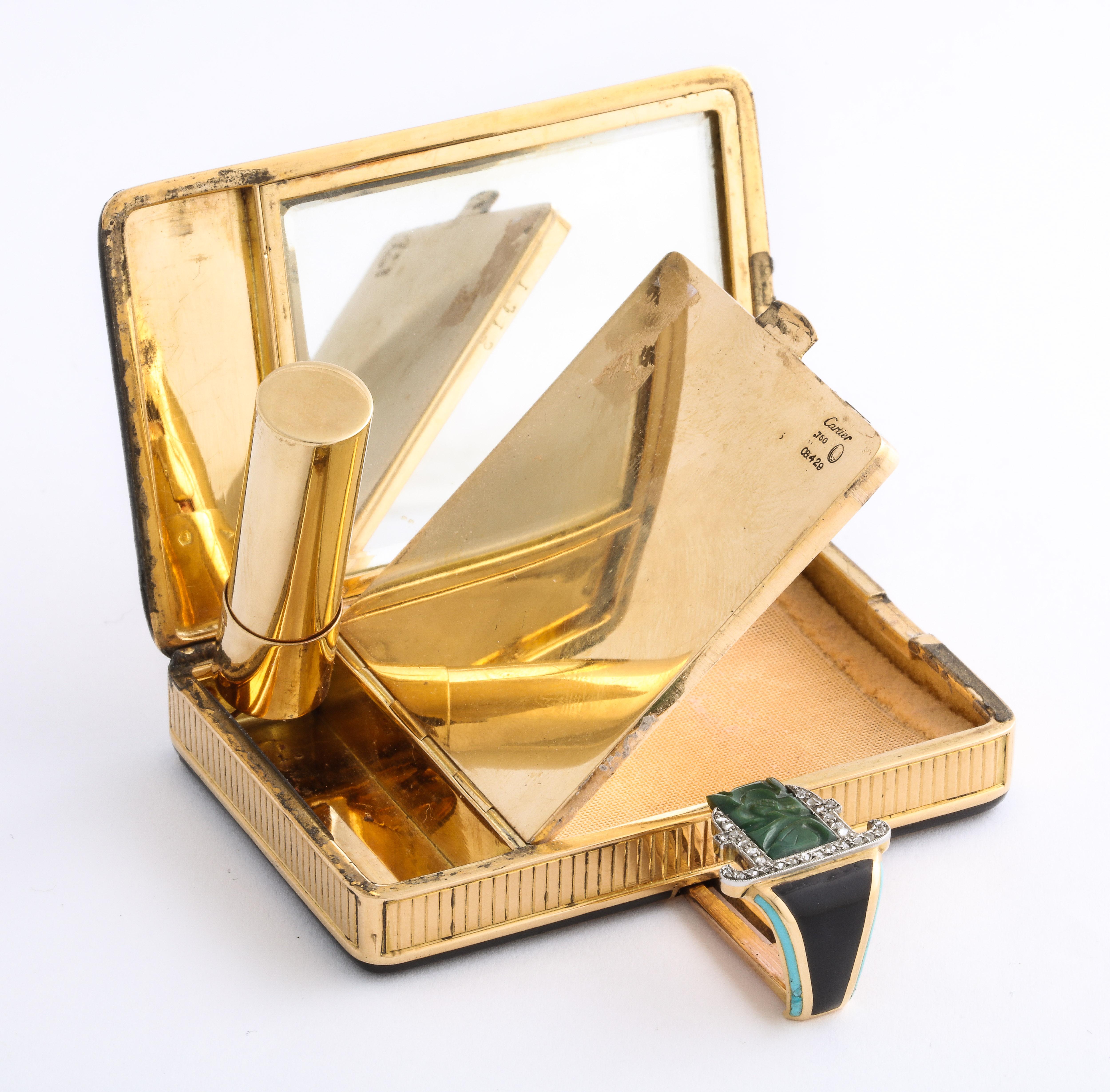 Art Deco Cartier 18 Karat Gold Box Enamel Carved Jade Diamonds Compact 5