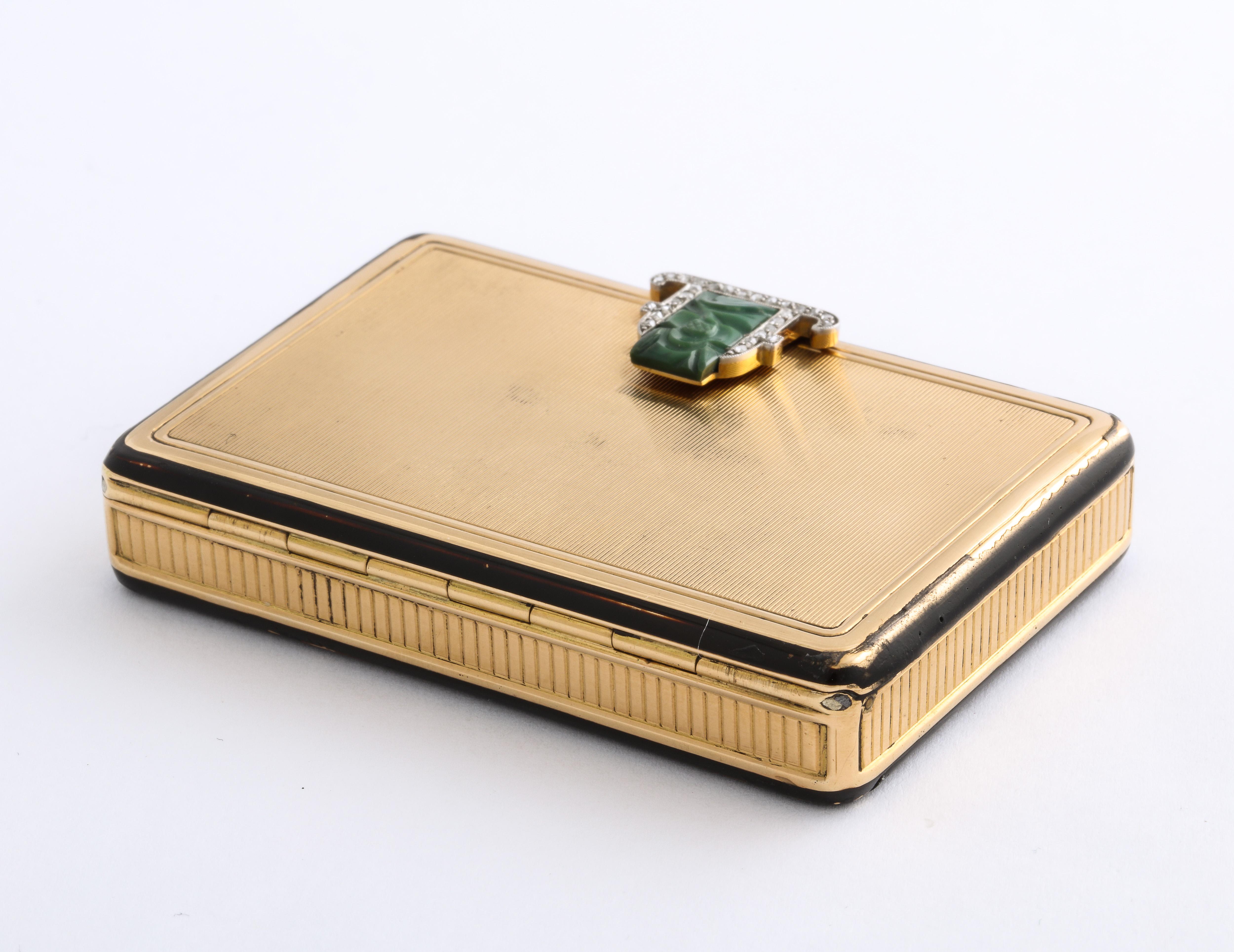 Princess Cut Art Deco Cartier 18 Karat Gold Box Enamel Carved Jade Diamonds Compact