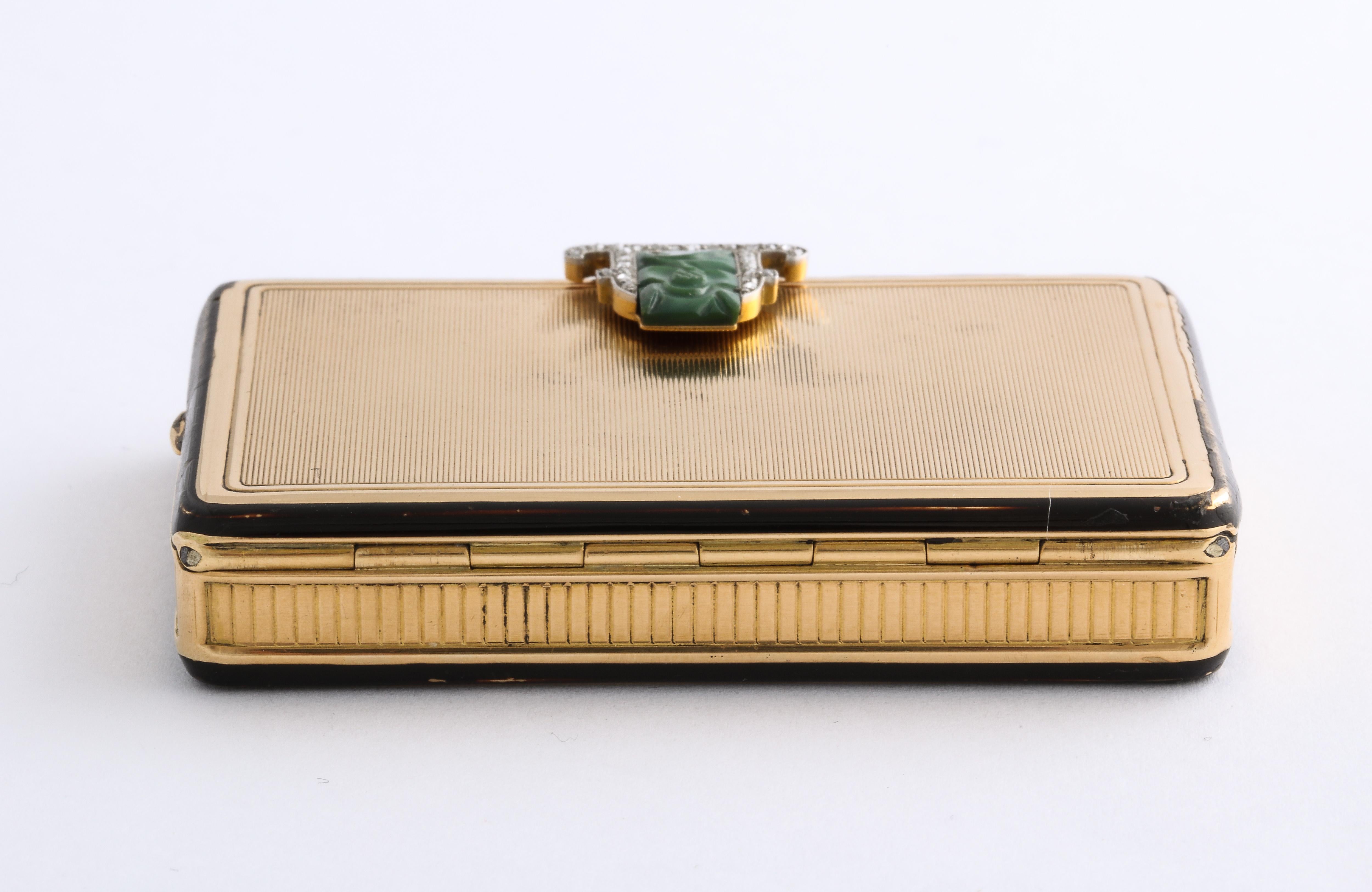 Art Deco Cartier 18 Karat Gold Box Enamel Carved Jade Diamonds Compact In Good Condition In New York, NY