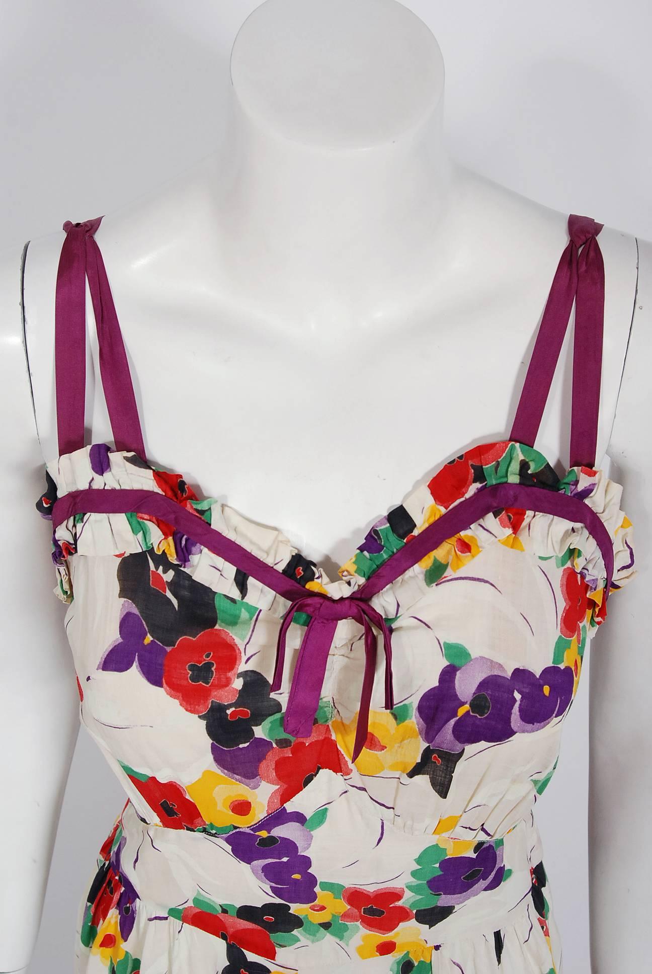 Beige 1930's Jean Carol Colorful Floral Garden Print Cotton Sweetheart Maxi Dress 