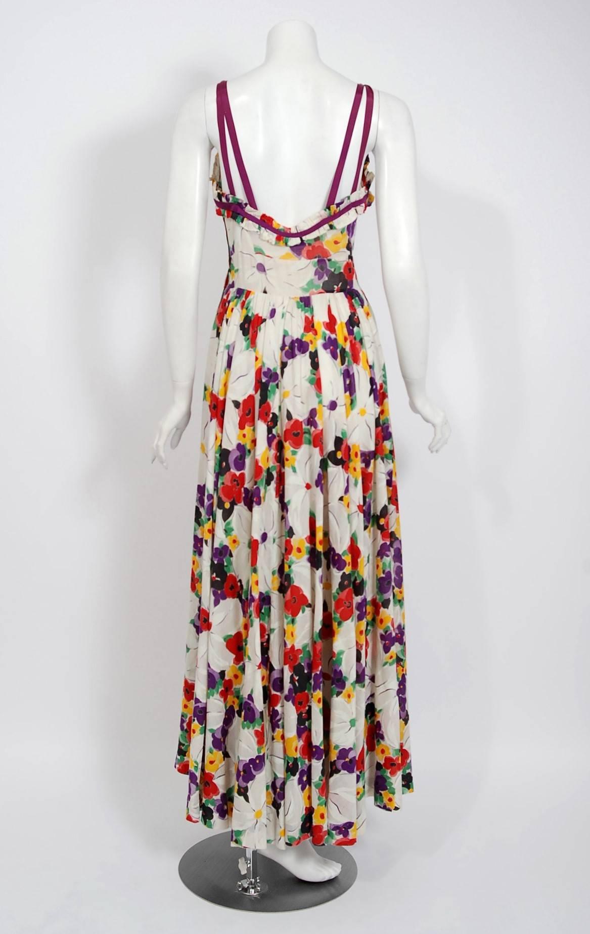 1930's Jean Carol Colorful Floral Garden Print Cotton Sweetheart Maxi Dress  1