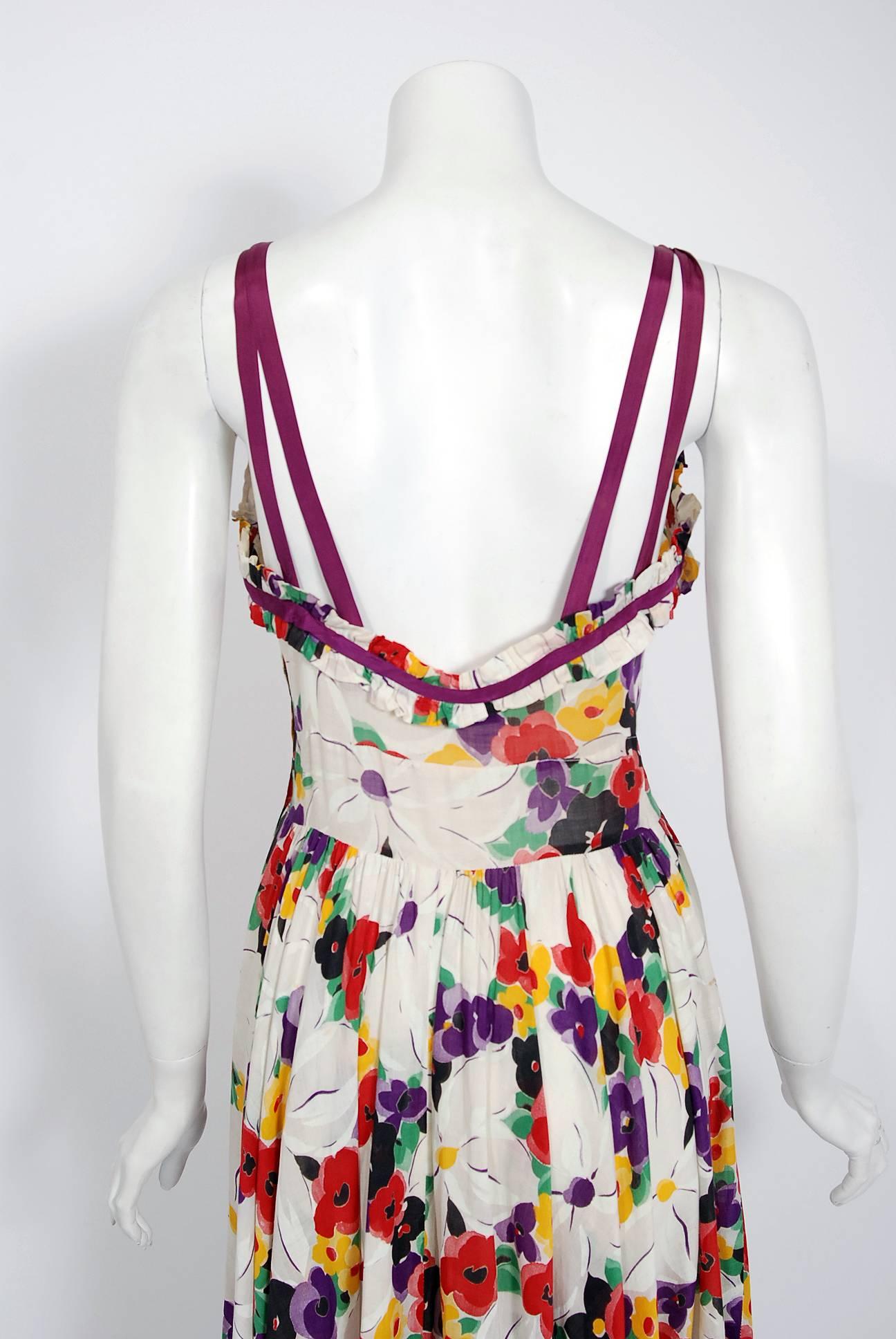 1930's Jean Carol Colorful Floral Garden Print Cotton Sweetheart Maxi Dress  2
