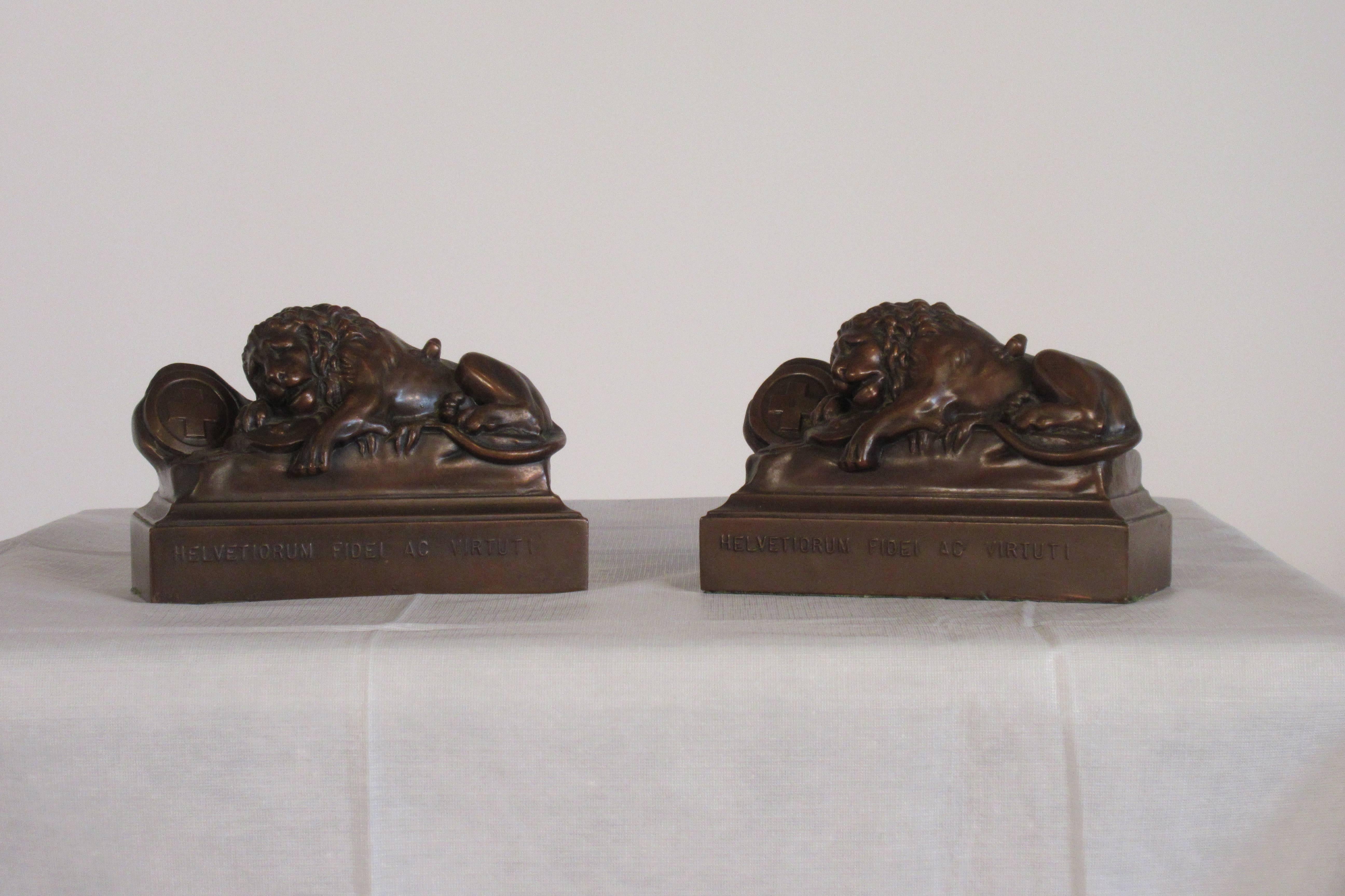 1930s, bronze coated Lion Of Lucerne bookends.