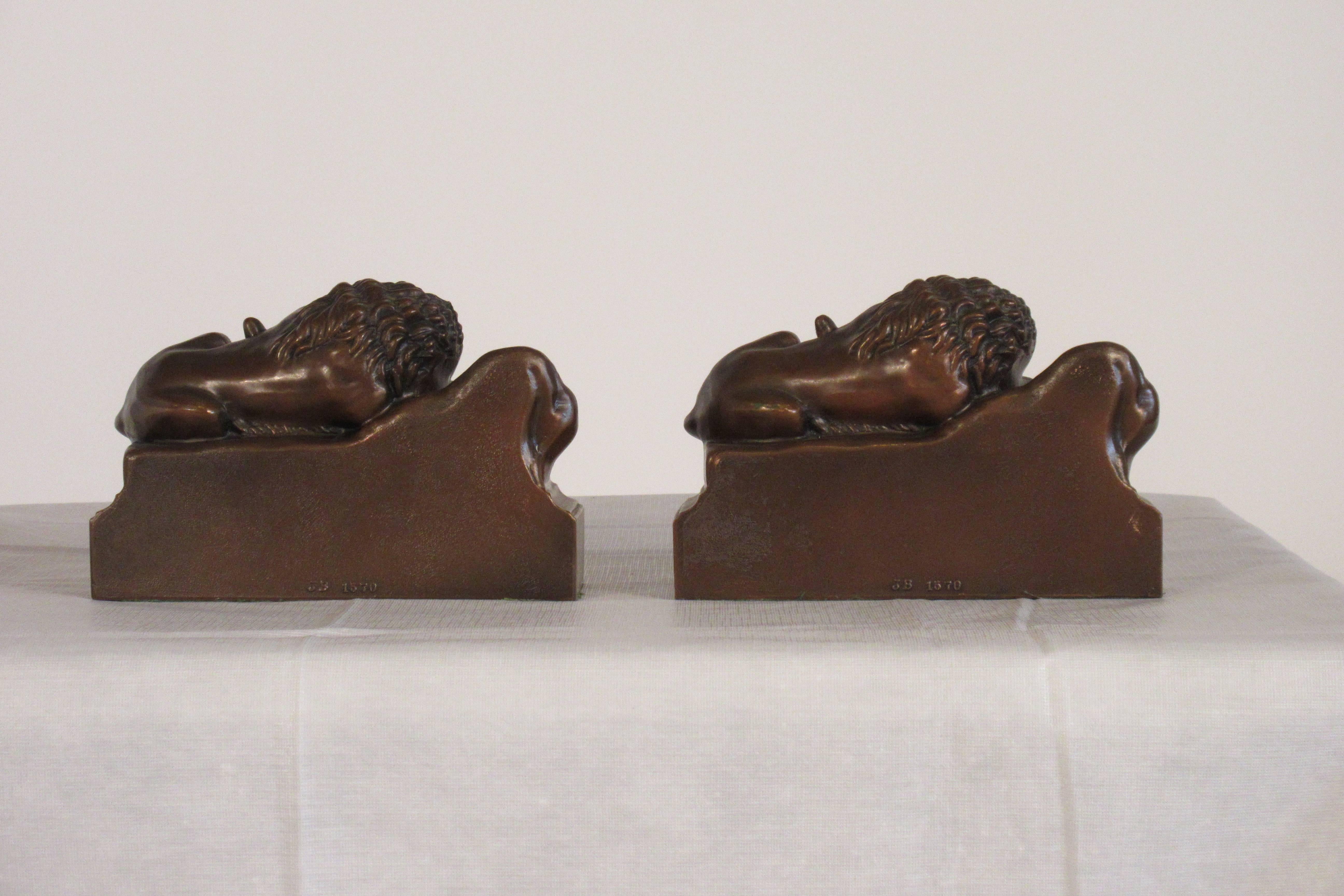 1930s, Jennings Brothers Bronze Coated Lion of Lucerne Bookends 1