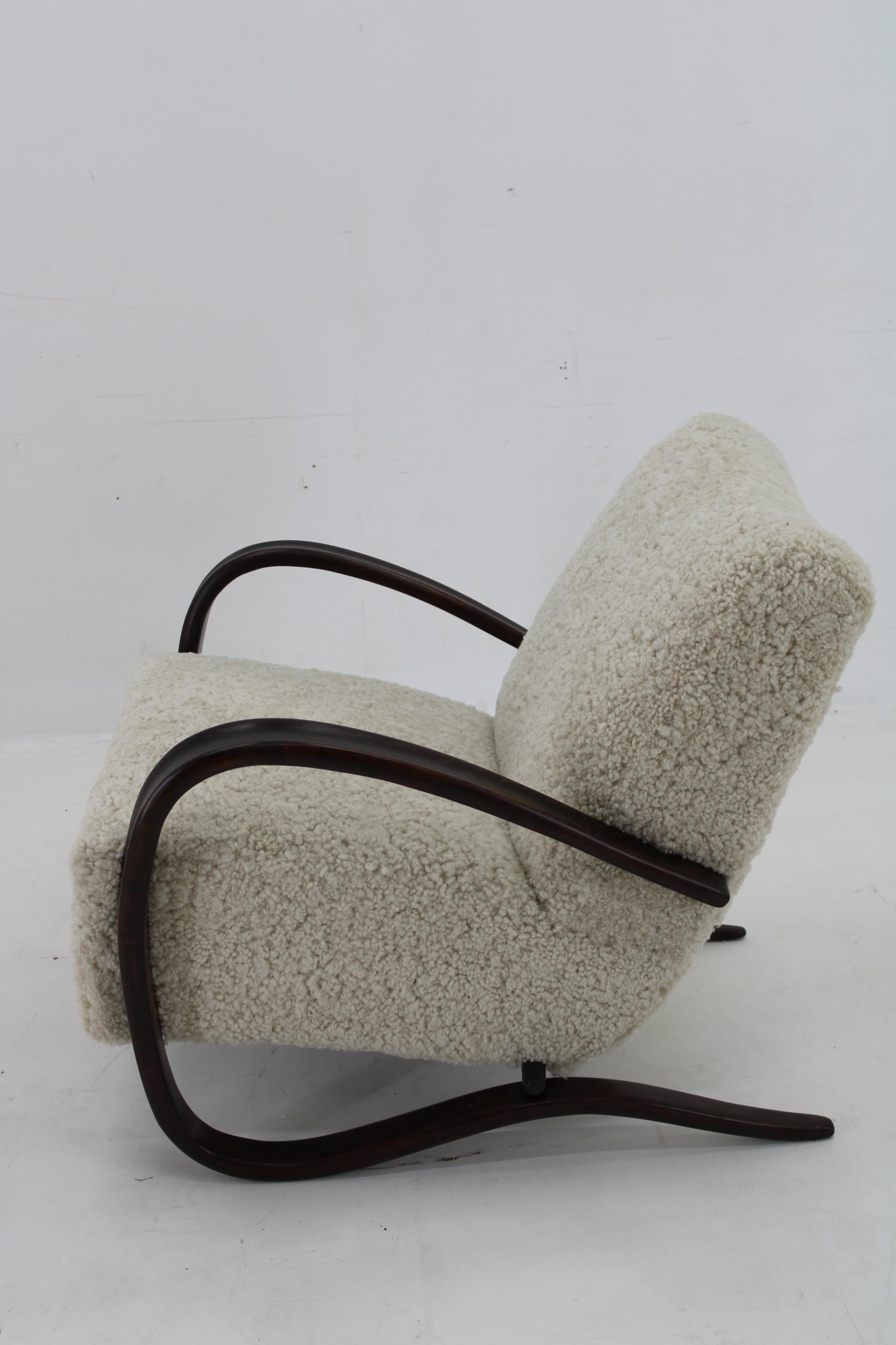 Czech 1930s Jindrich Halabala Thonet H-269 Armchair in Sheepskin, Restored