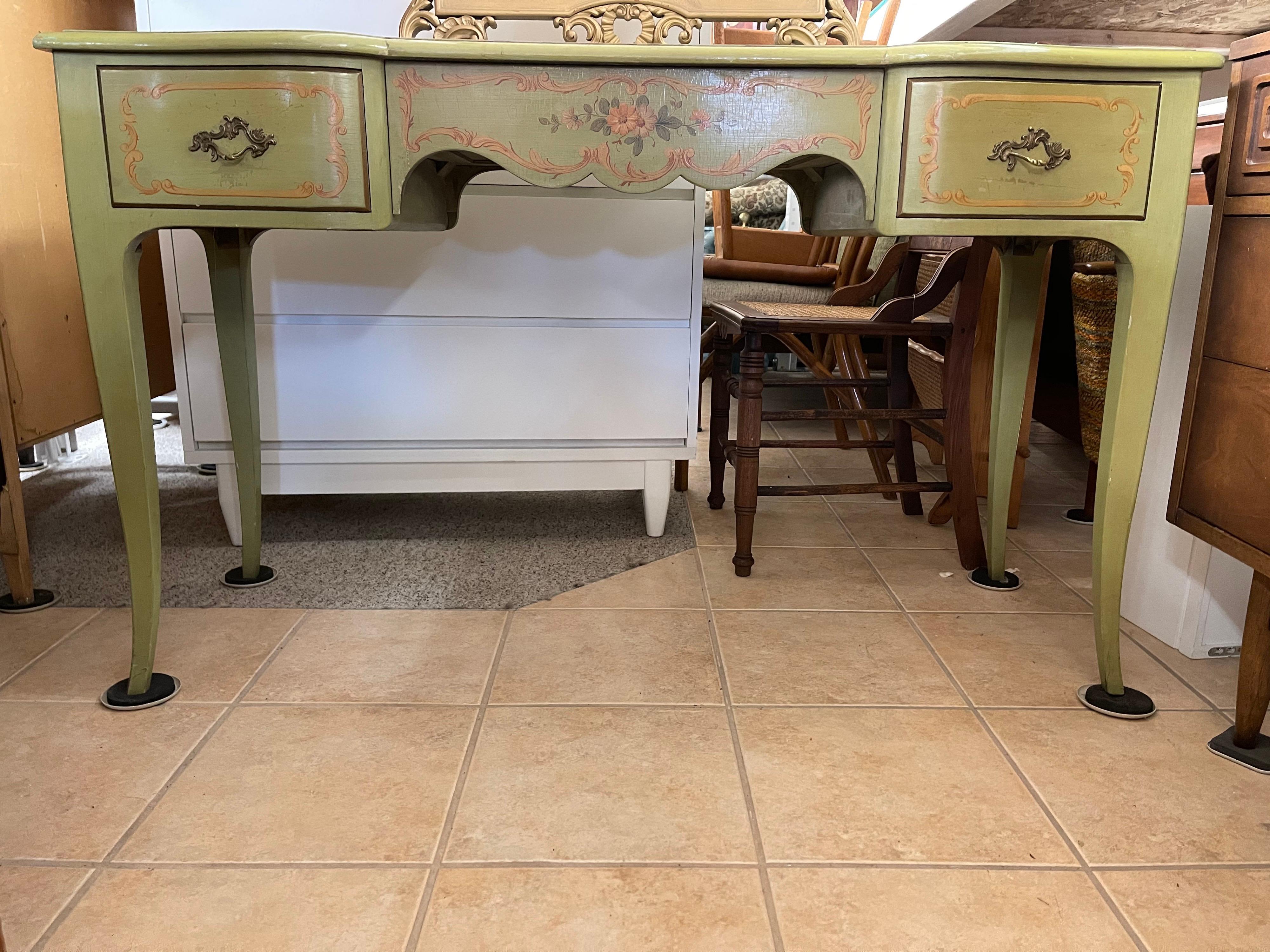Antique John Widdicomb vanity with stool. Beautiful, hardwood, sturdy vanity with ornate handles, painted flowers in soft pastel hues. Lovely workmanship, modern furniture cannot compare to the old world designs, quality and