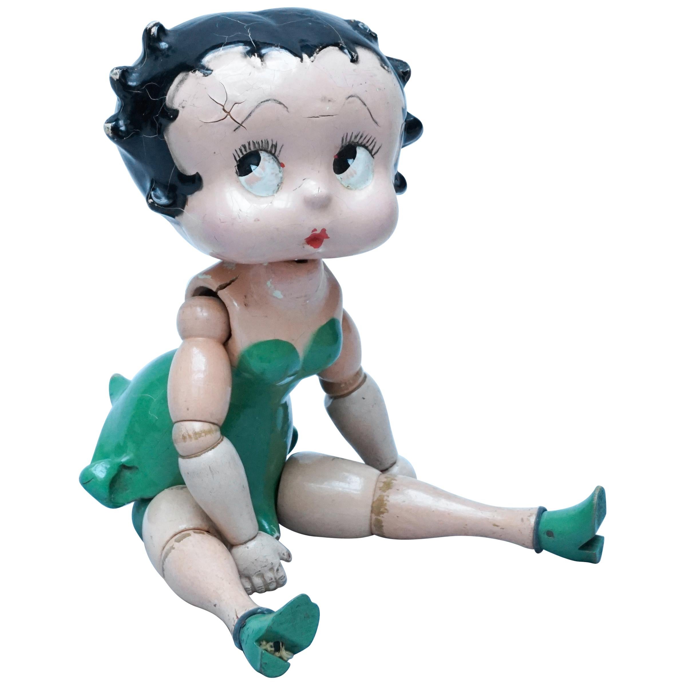 1930s American Wooden Jointed Betty Boop Green Dress Fleischer Studios Doll