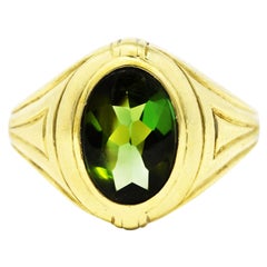 1930's Jones & Woodland Green Tourmaline 14 Karat Green Gold Unisex Signet Ring